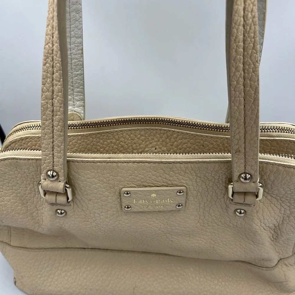 Kate Spade Pebbled‎ Leather Satchel Tote Bag Beige Zip Top Shoulder Purse